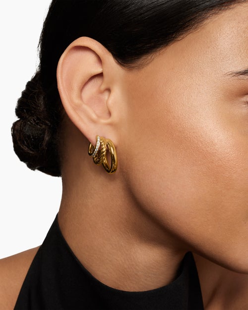 Womens DY Mercer® Three Row Hoop Earrings in 18K Yellow Gold with Diamonds, 21mm