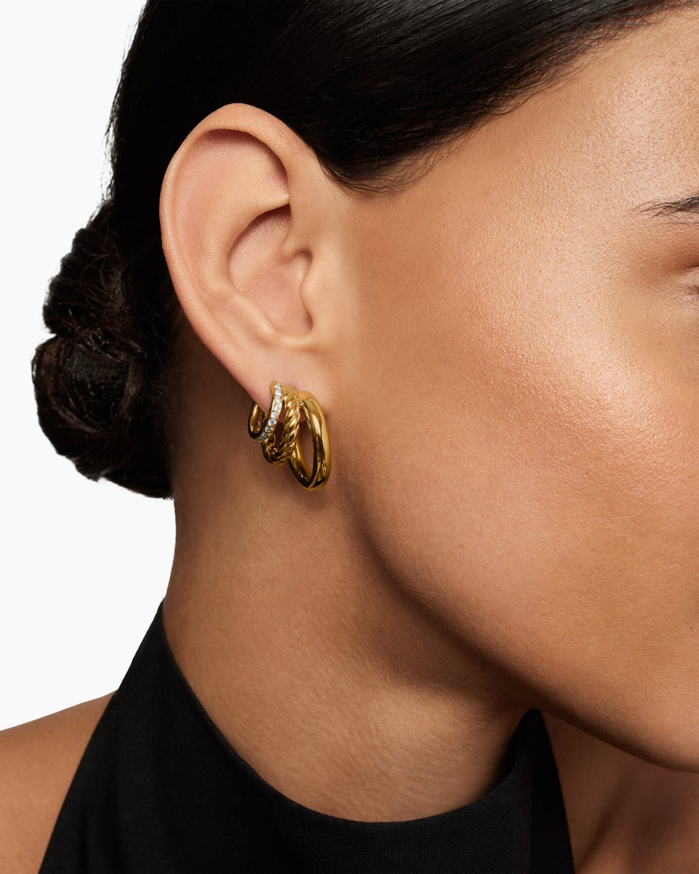 Womens DY Mercer® Three Row Hoop Earrings in 18K Yellow Gold with Diamonds, 21mm