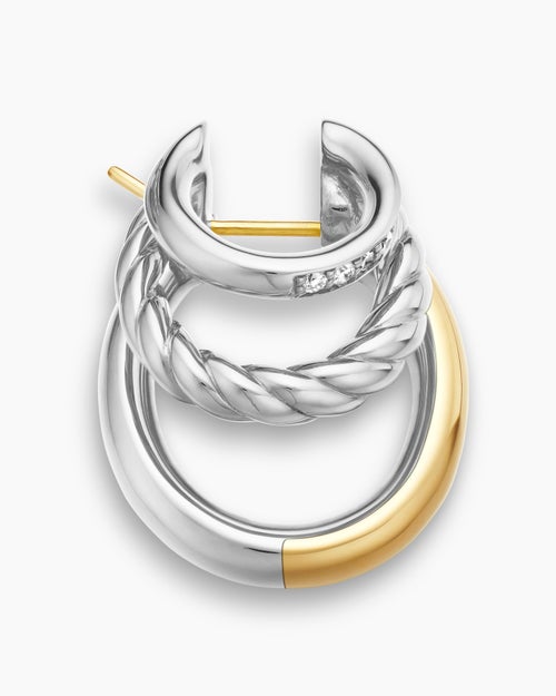 Womens DY Mercer® Three Row Hoop Earrings in Sterling Silver with 18K Yellow Gold and Diamonds, 21mm