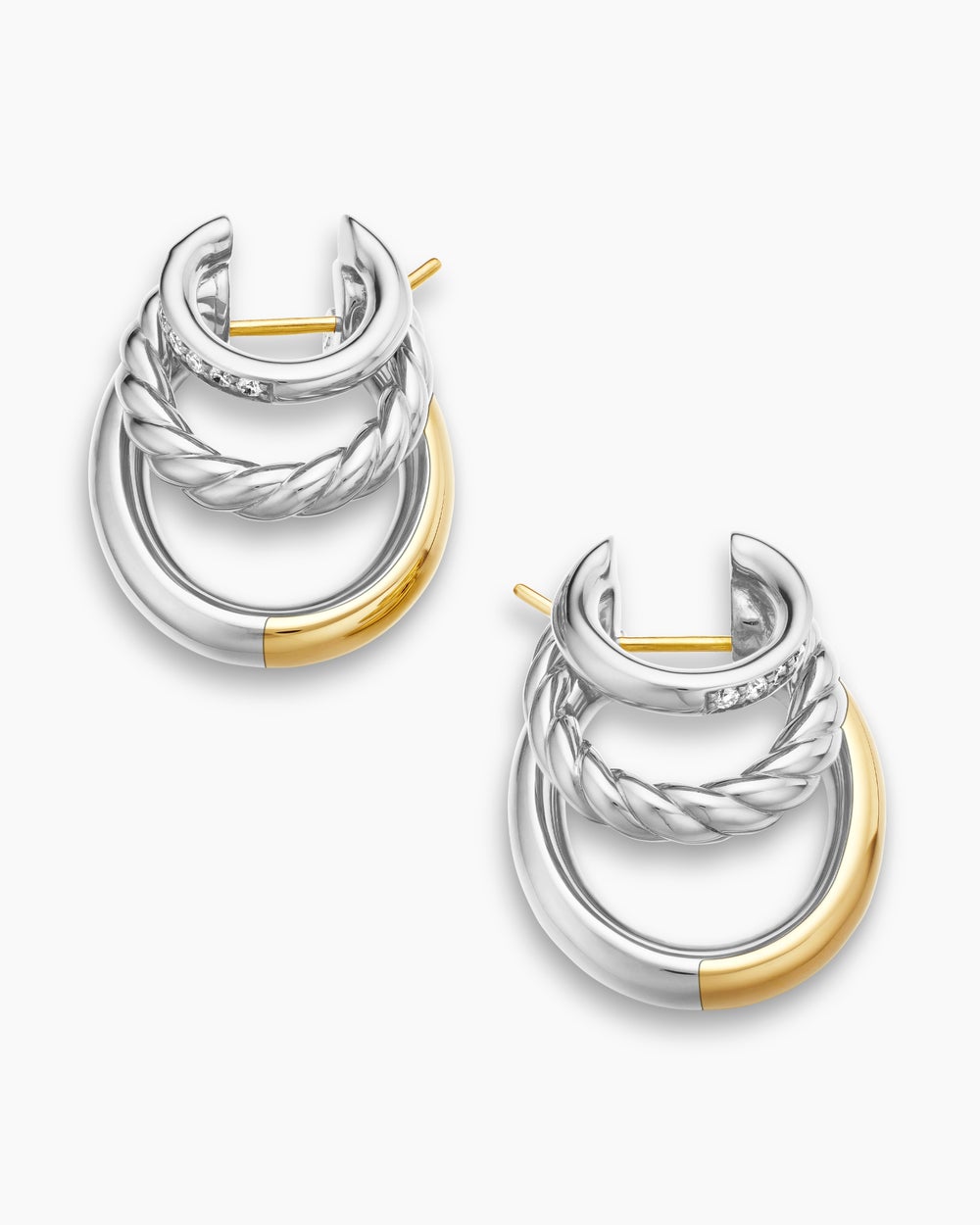 Womens DY Mercer® Three Row Hoop Earrings in Sterling Silver with 18K Yellow Gold and Diamonds, 21mm