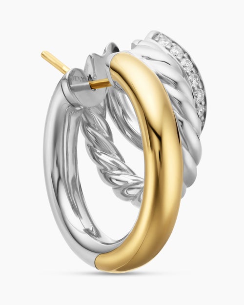 Womens DY Mercer® Three Row Hoop Earrings in Sterling Silver with 18K Yellow Gold and Diamonds, 21mm