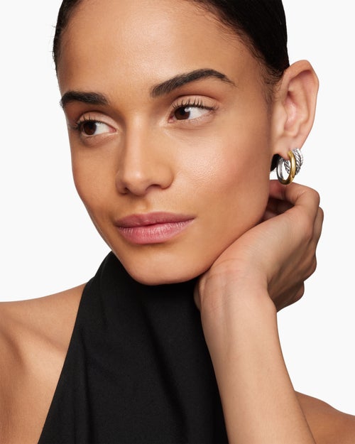 Womens DY Mercer® Three Row Hoop Earrings in Sterling Silver with 18K Yellow Gold and Diamonds, 21mm