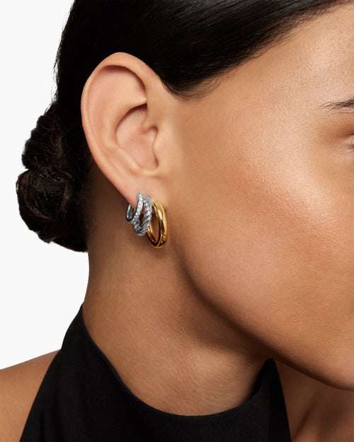 Womens DY Mercer® Three Row Hoop Earrings in Sterling Silver with 18K Yellow Gold and Diamonds, 21mm