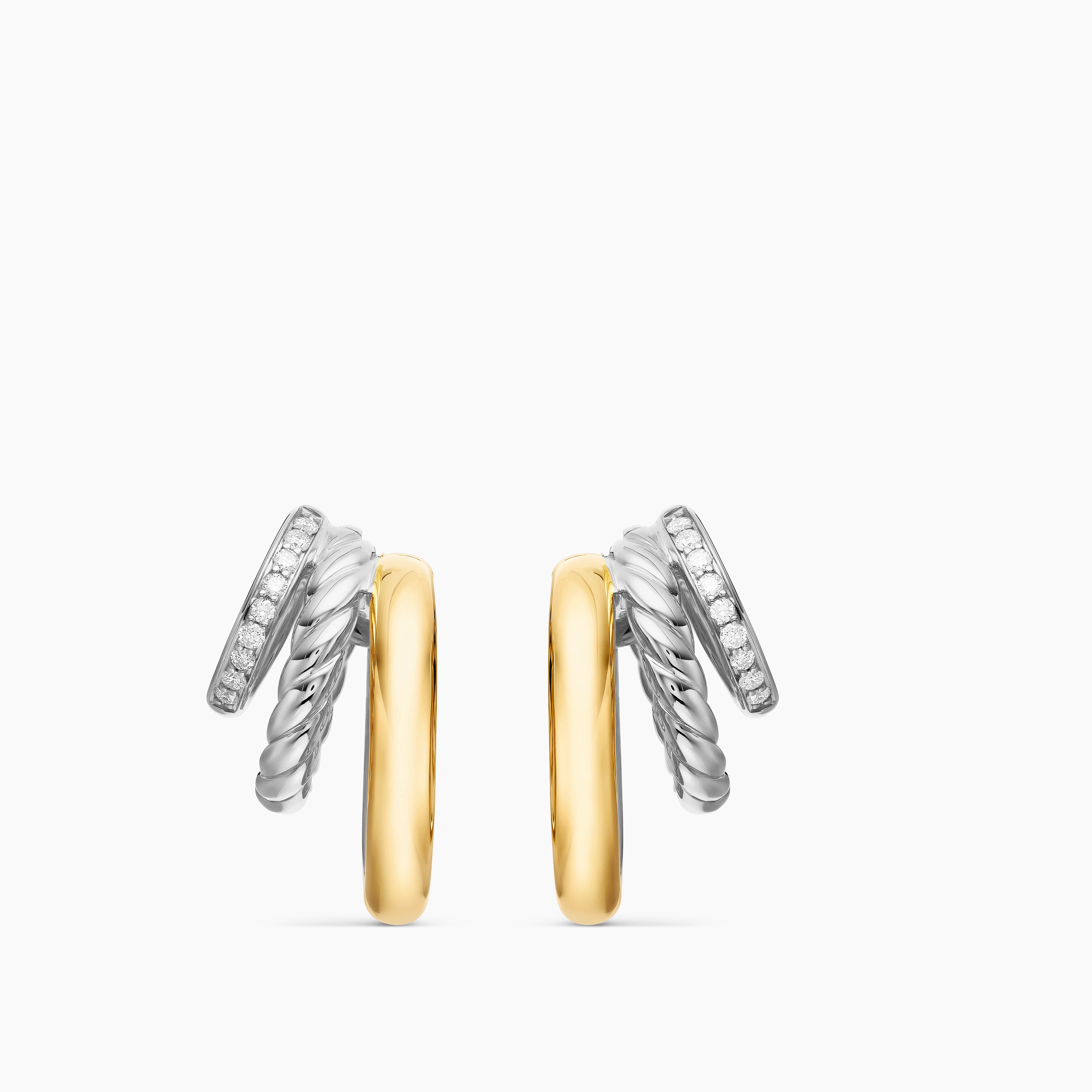 Womens DY Mercer&reg; Three Row Hoop Earrings in Sterling Silver with 18K Yellow Gold and Diamonds, 21mm