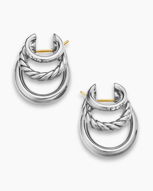 Womens DY Mercer® Three Row Hoop Earrings in Sterling Silver with Diamonds, 21mm