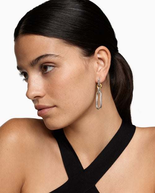 Womens Lexington Double Link Drop Earrings in Sterling Silver with 18K Yellow Gold, 54mm