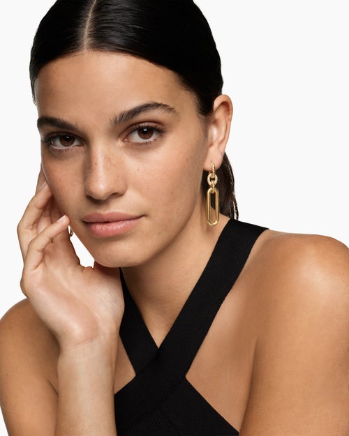 Womens Lexington Double Link Drop Earrings in 18K Yellow Gold with Diamonds, 54mm