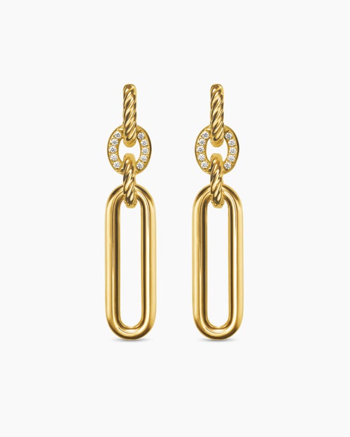 Womens Lexington Double Link Drop Earrings in 18K Yellow Gold with Diamonds, 54mm