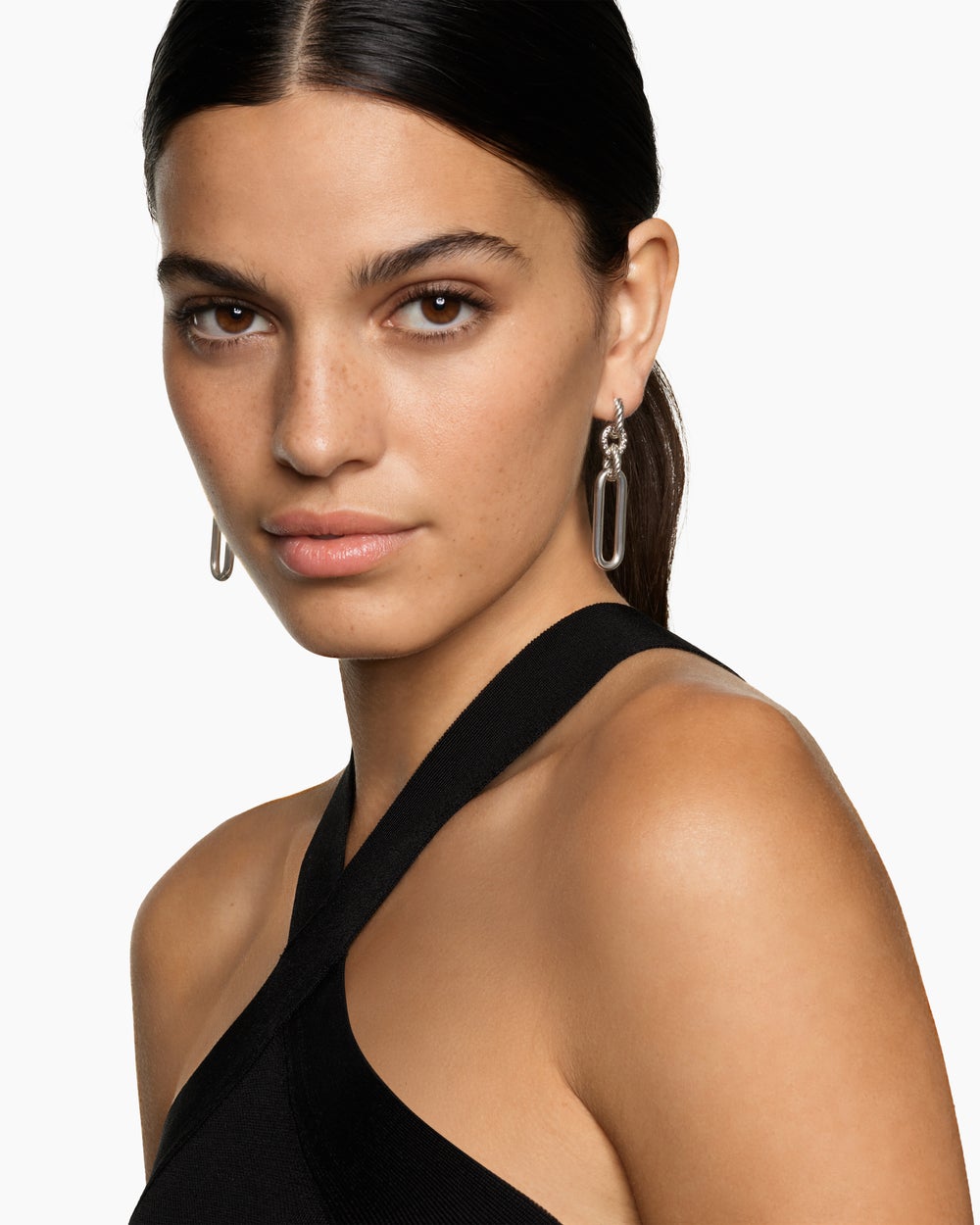Womens Lexington Double Link Drop Earrings in Sterling Silver with Diamonds, 54mm