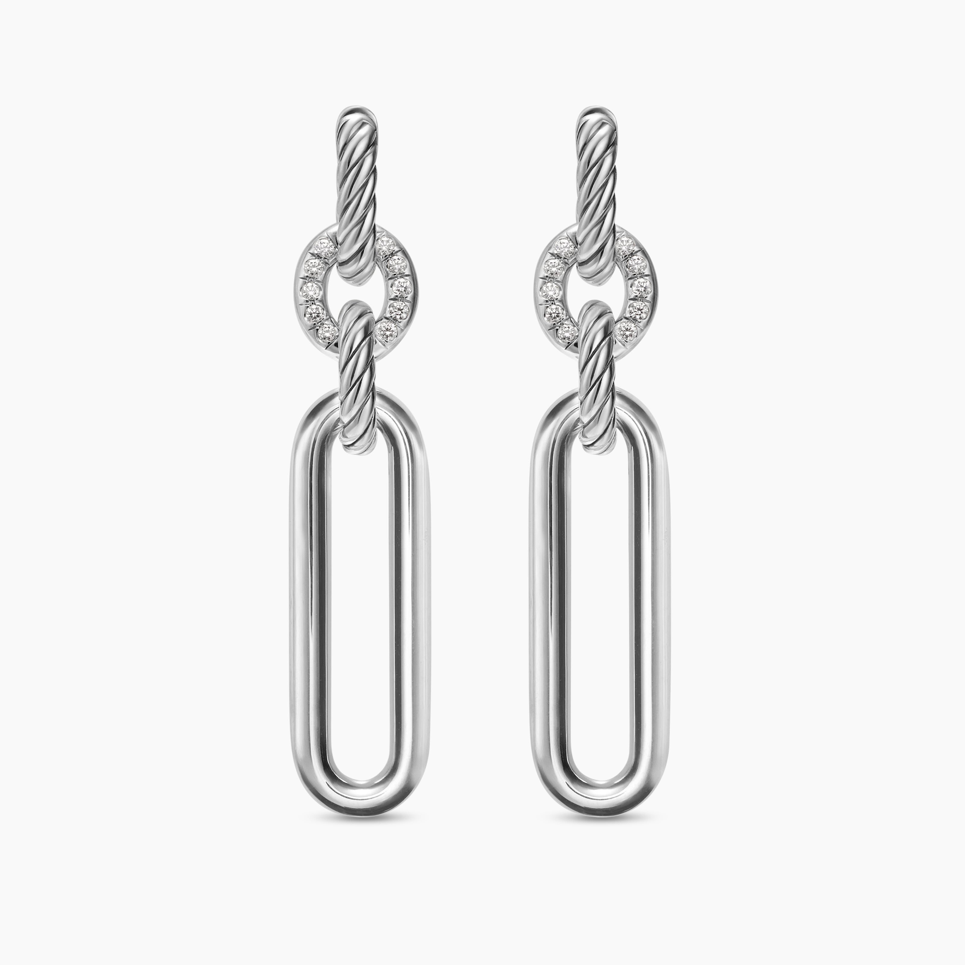 Womens Lexington Double Link Drop Earrings in Sterling Silver with Diamonds, 54mm