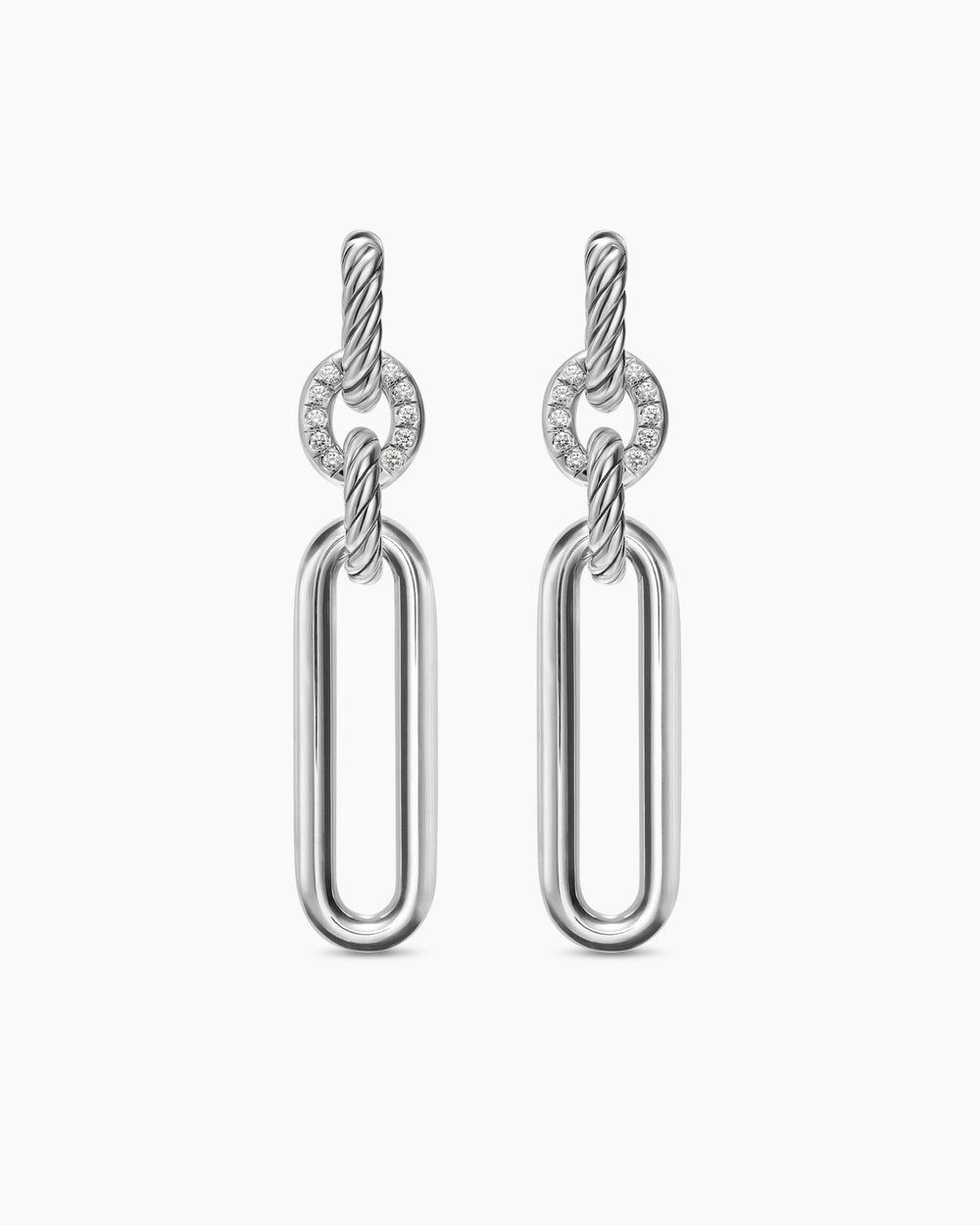 Womens Lexington Double Link Drop Earrings in Sterling Silver with Diamonds, 54mm