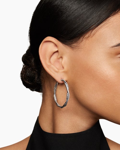Womens Infinity Hoop Earrings in Sterling Silver with Diamonds, 42mm