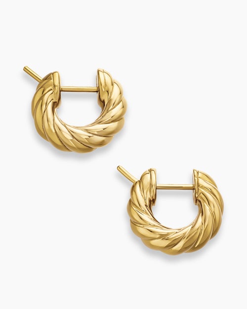 Womens Sculpted Cable Hoop Earrings in 18K Yellow Gold, 14.4mm