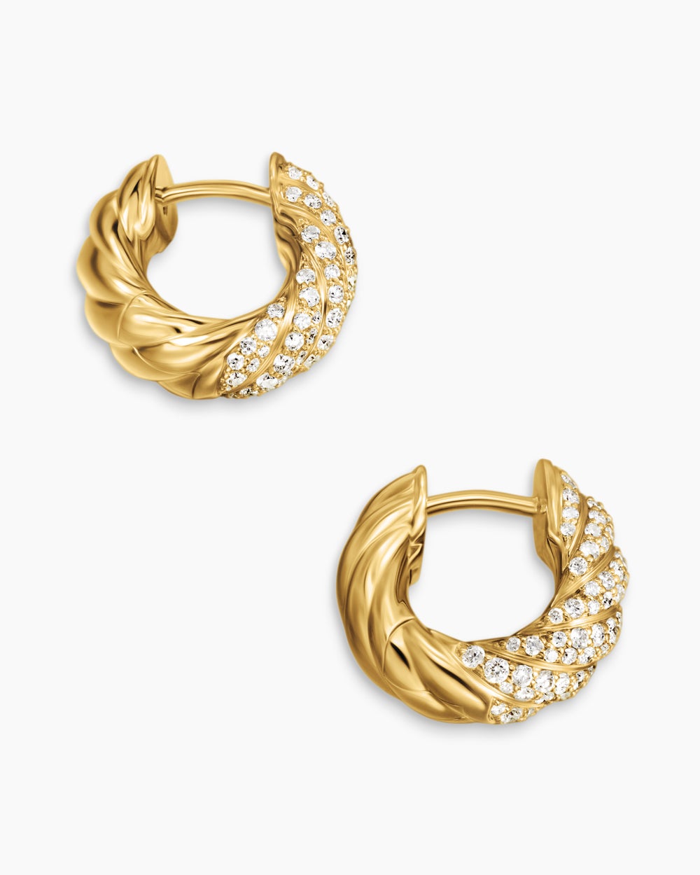 Womens Sculpted Cable Hoop Earrings in 18ct Yellow Gold with Diamonds, 14.4mm