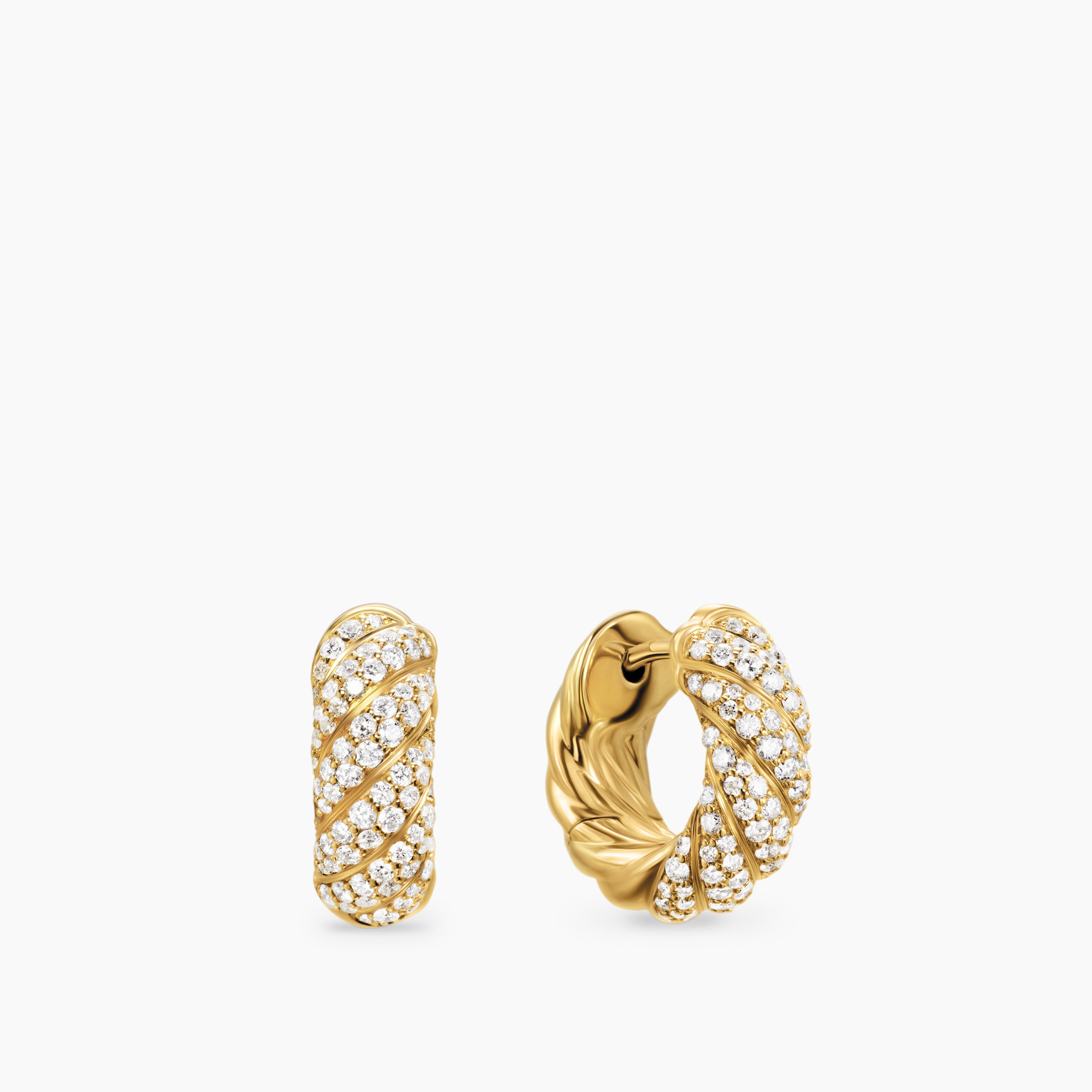 Womens Sculpted Cable Hoop Earrings in 18K Yellow Gold with Diamonds, 14.4mm