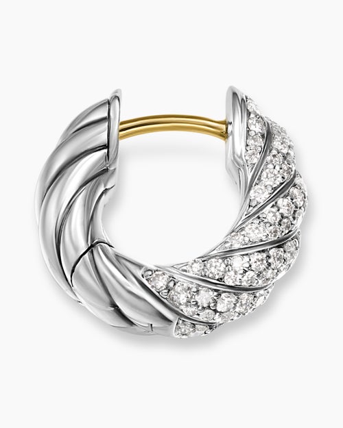 Womens Sculpted Cable Hoop Earrings in Sterling Silver with Diamonds, 14.4mm