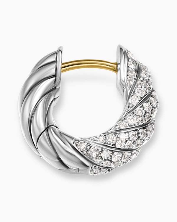 Sculpted Cable Hoop Earrings in Sterling Silver with Diamonds, 14.4mm