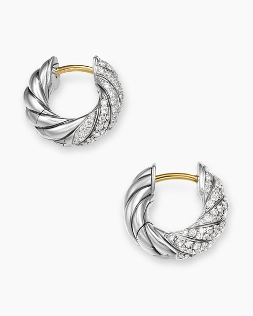 Womens Sculpted Cable Hoop Earrings in Sterling Silver with Diamonds, 14.4mm