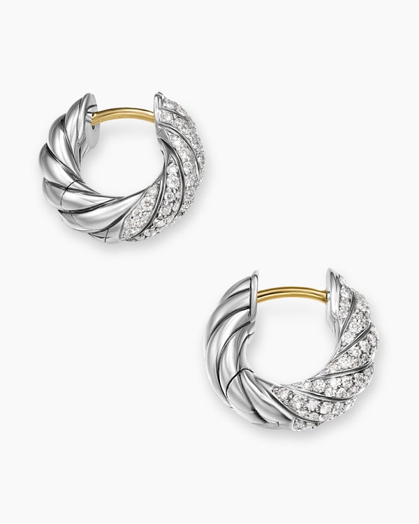 Sculpted Cable Hoop Earrings in Sterling Silver with Diamonds, 14.4mm