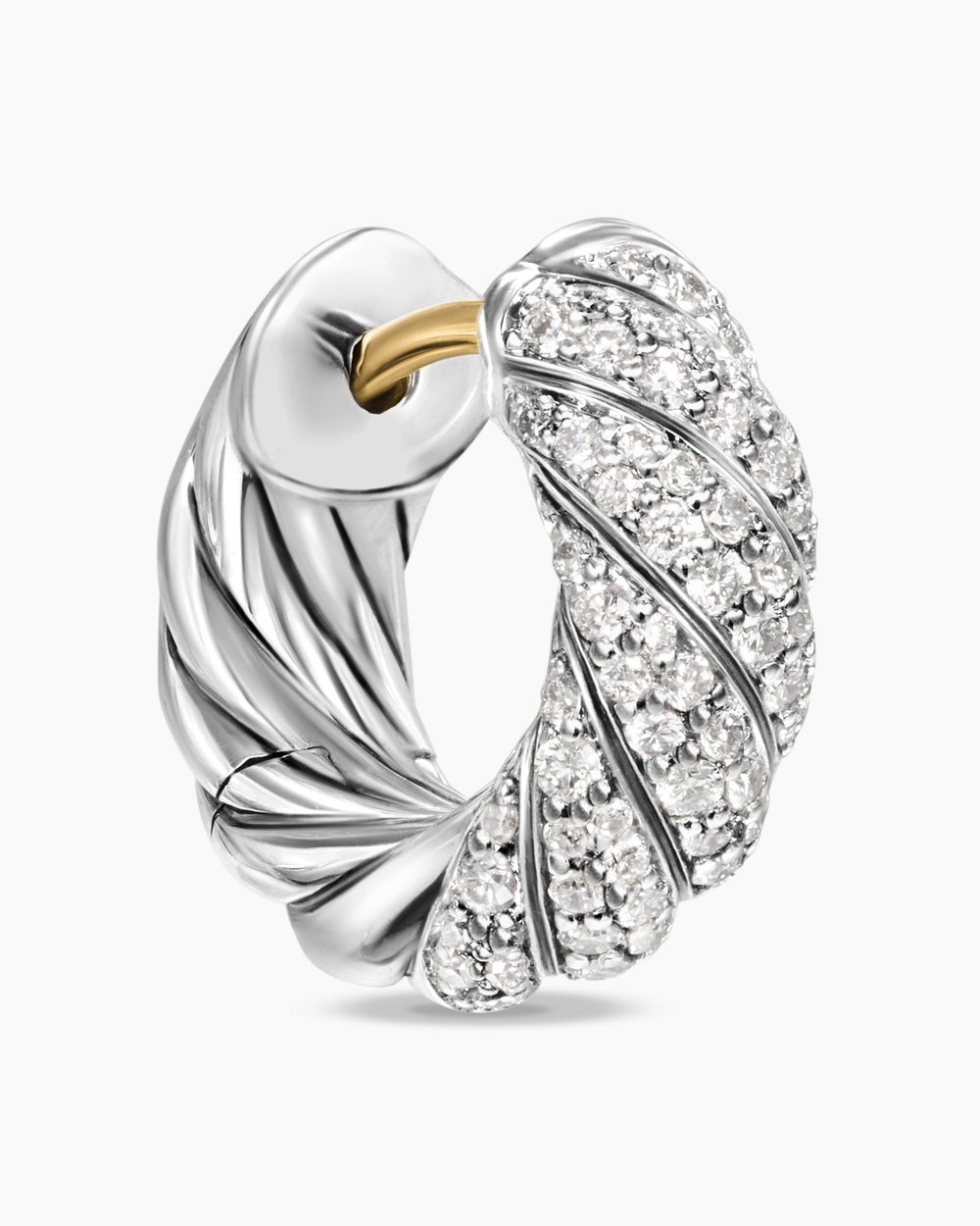 Womens Sculpted Cable Hoop Earrings in Sterling Silver with Diamonds, 14.4mm