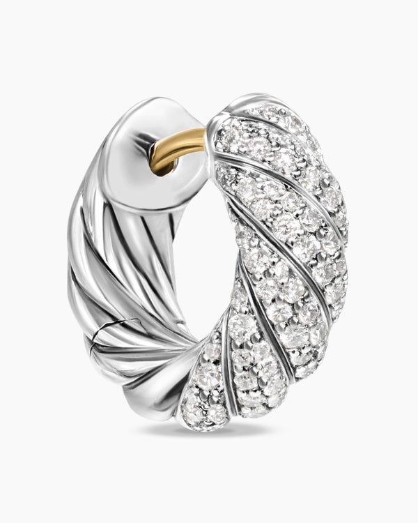 Sculpted Cable Hoop Earrings in Sterling Silver with Diamonds, 14.4mm