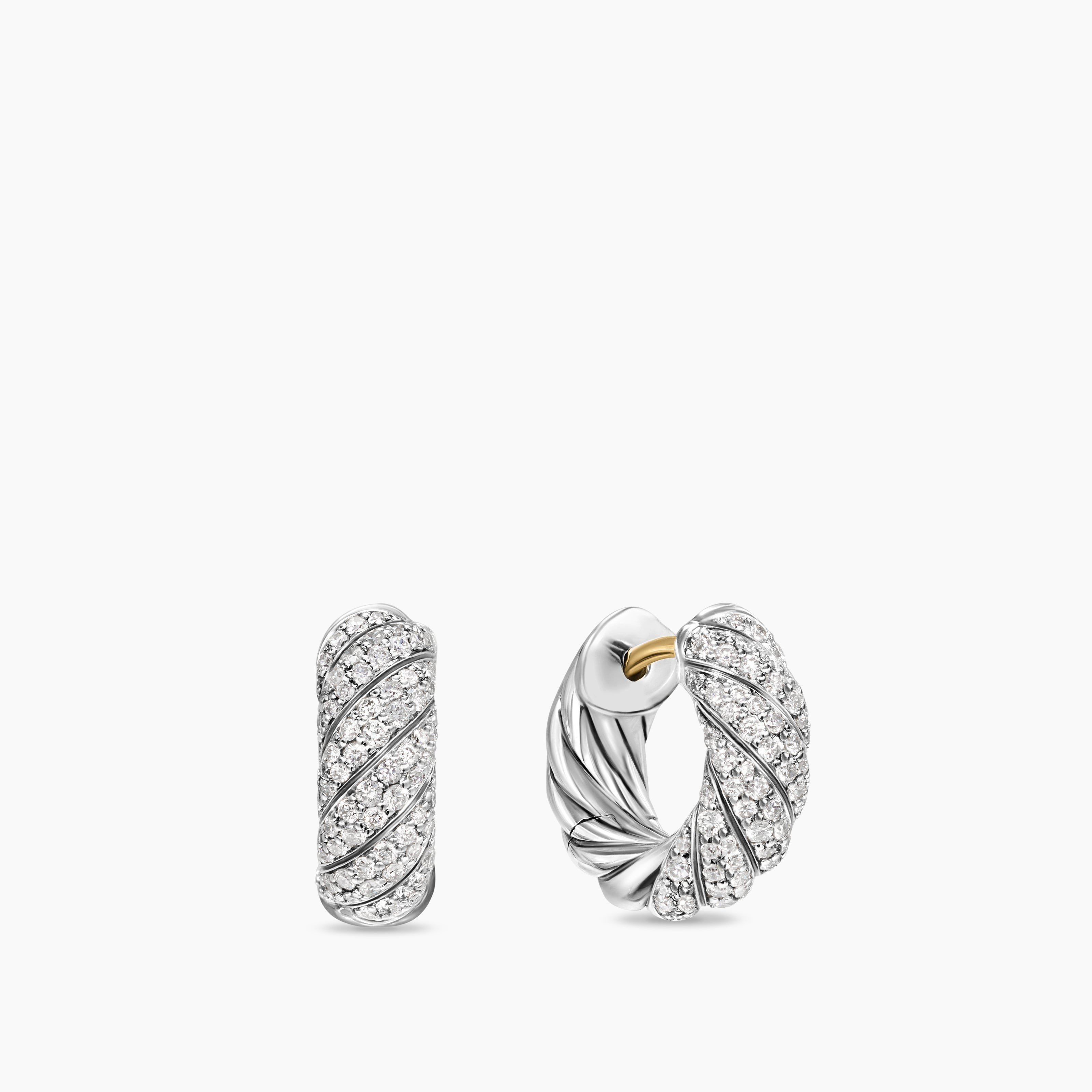 Womens Sculpted Cable Hoop Earrings in Sterling Silver with Diamonds, 14.4mm