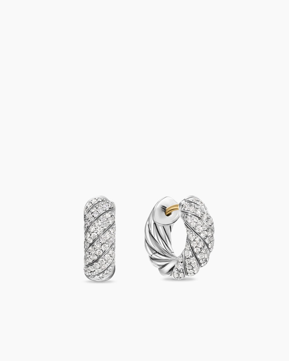 Womens Sculpted Cable Hoop Earrings in Sterling Silver with Diamonds, 14.4mm