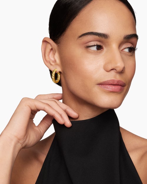 Womens Sculpted Cable Hoop Earrings in 18ct Yellow Gold, 25.4mm