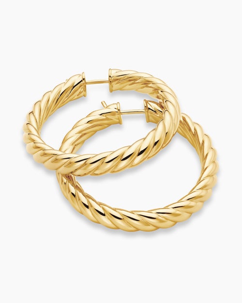 Womens Sculpted Cable Hoop Earrings in 18K Yellow Gold, 38mm