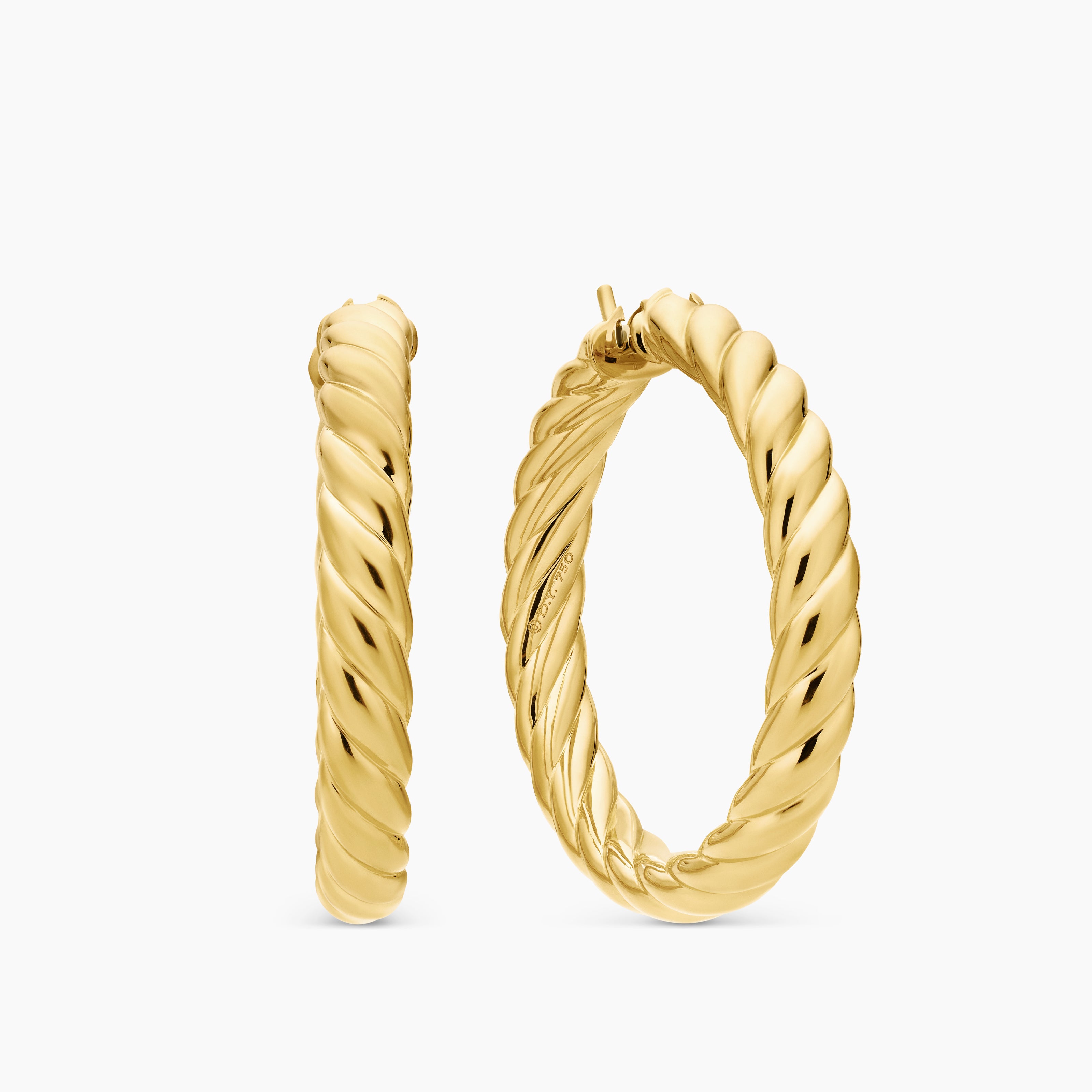 Womens Sculpted Cable Hoop Earrings in 18K Yellow Gold, 38mm