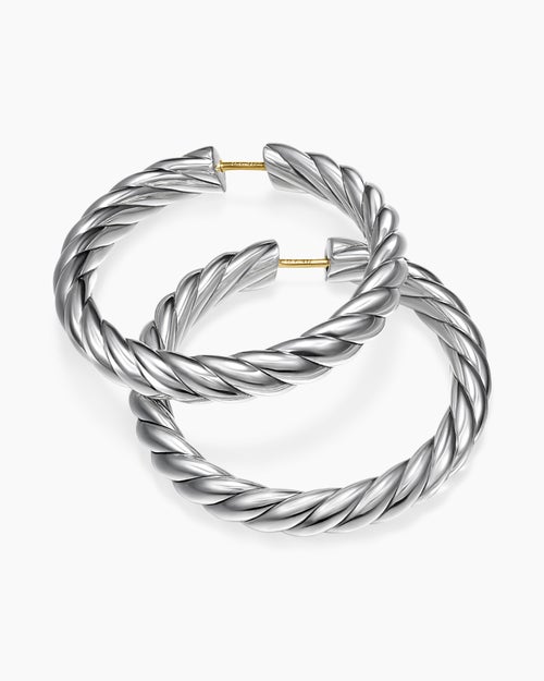 Womens Sculpted Cable Hoop Earrings in Sterling Silver, 38mm