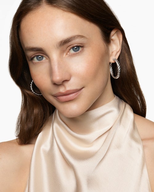 Womens Sculpted Cable Hoop Earrings in Sterling Silver, 38mm