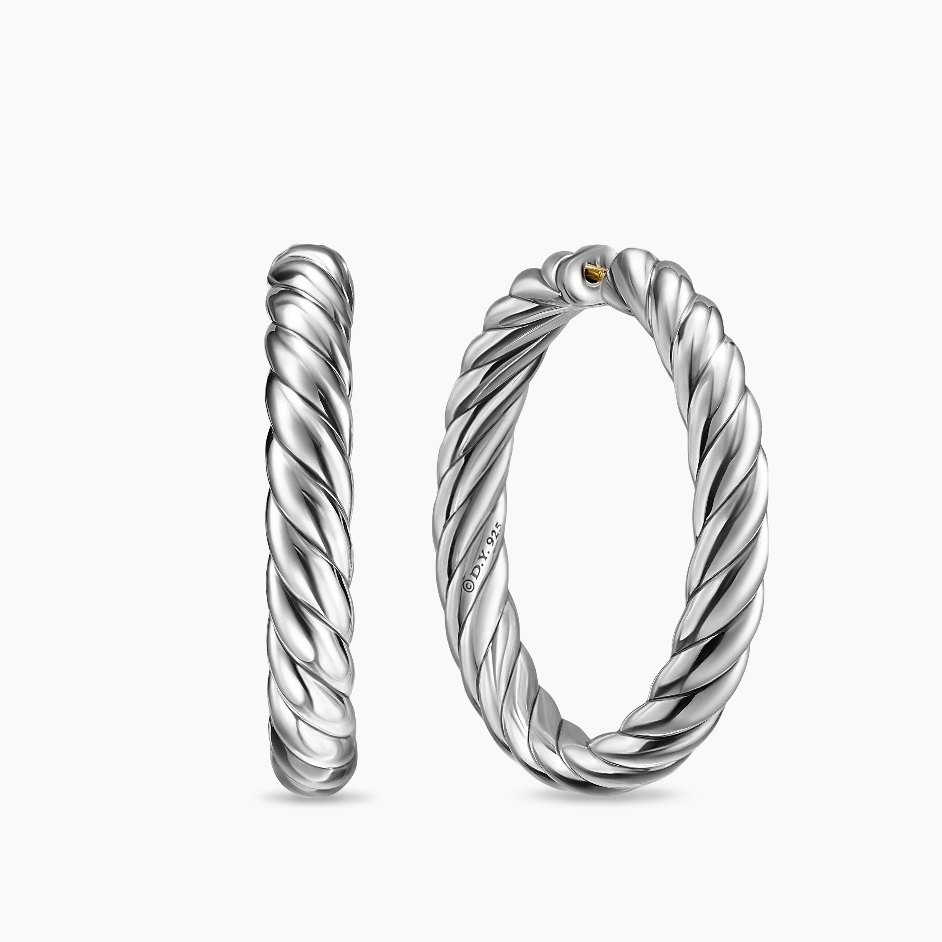 Womens Sculpted Cable Hoop Earrings in Sterling Silver, 38mm