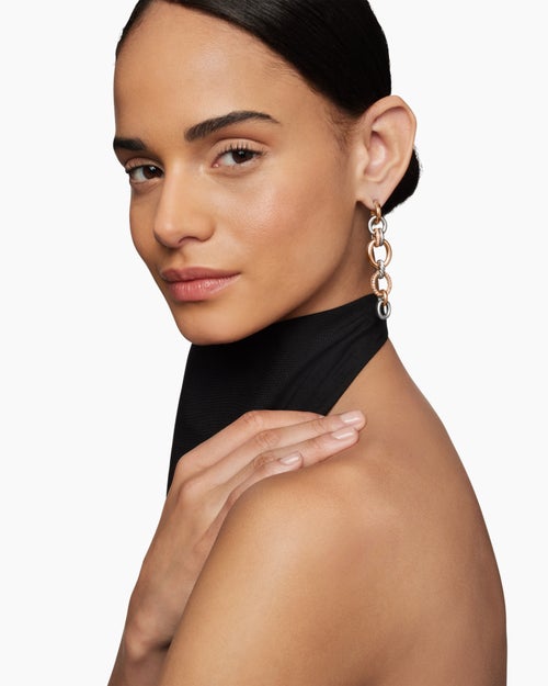 Womens DY Mercer® Melange Linked Drop Earrings in Sterling Silver with 18K Rose Gold and Diamonds, 68mm