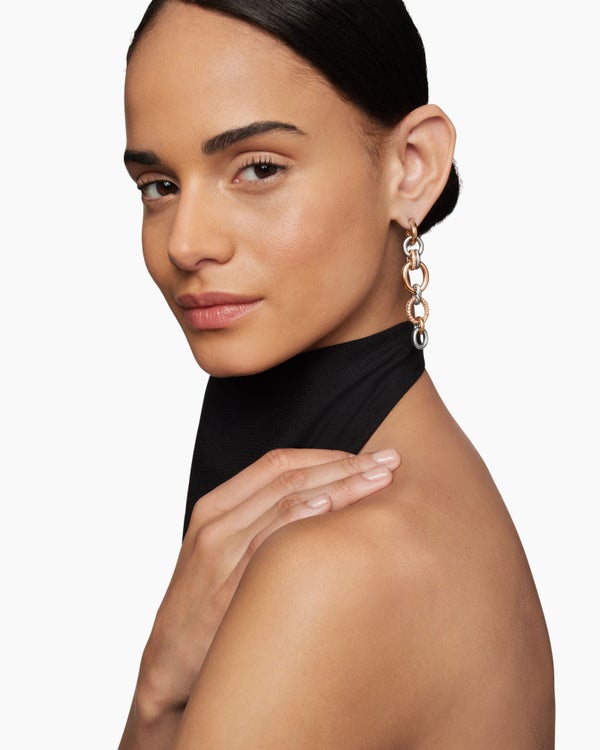DY Mercer® Melange Linked Drop Earrings in Sterling Silver with 18K Rose Gold and Diamonds, 68mm
