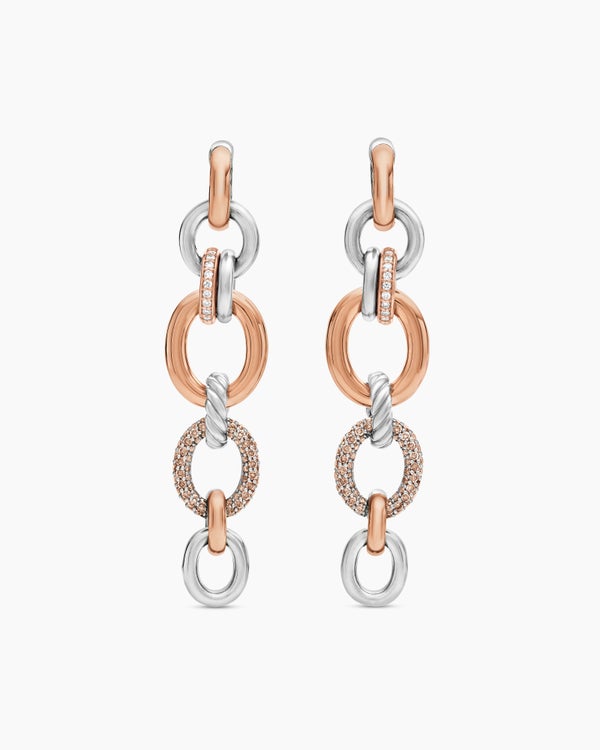 DY Mercer® Melange Linked Drop Earrings in Sterling Silver with 18K Rose Gold and Diamonds, 68mm