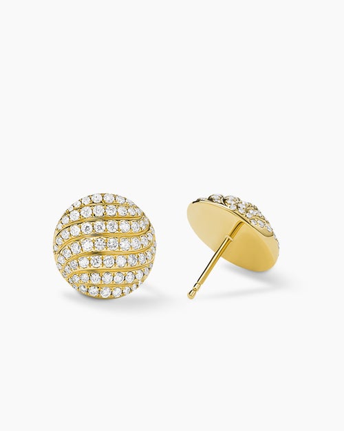 Womens Sculpted Cable Stud Earrings in 18K Yellow Gold with Diamonds, 14mm