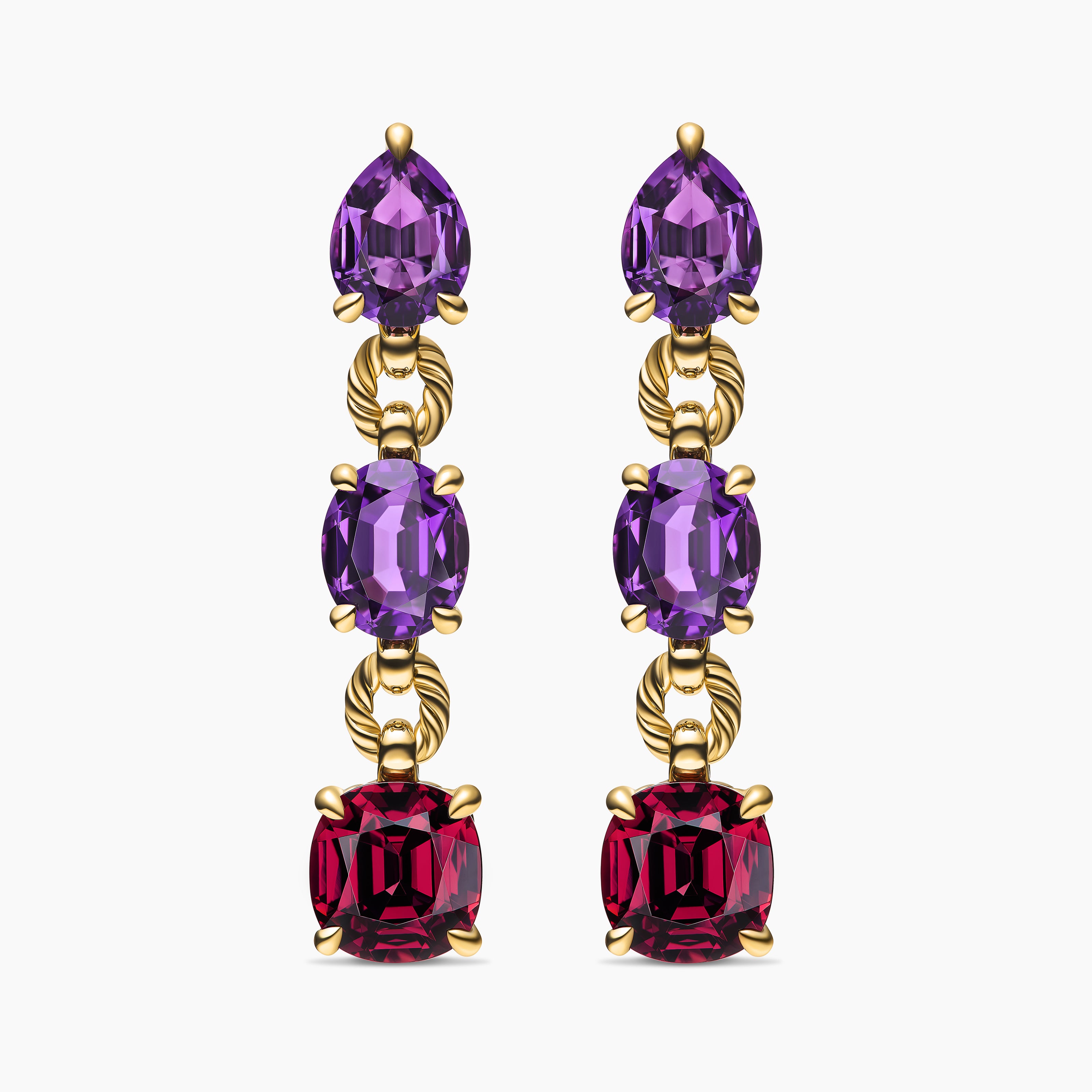 Womens Marbella Drop Earrings in 18K Yellow Gold with Amethyst and Rhodolite Garnet, 51mm