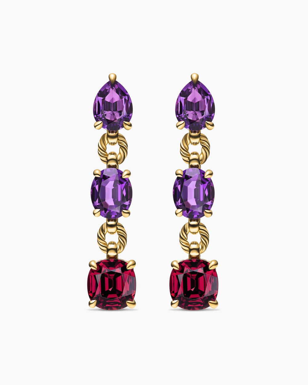 Womens Marbella Drop Earrings in 18K Yellow Gold with Amethyst and Rhodolite Garnet, 51mm