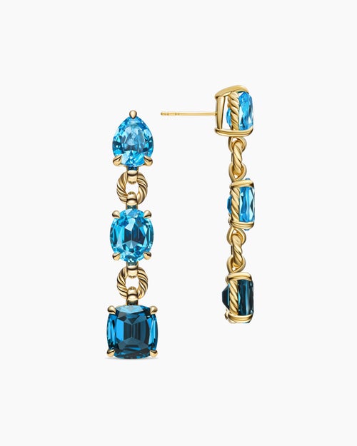 Womens Marbella Drop Earrings in 18K Yellow Gold with Blue Topaz and Hampton Blue Topaz, 51mm