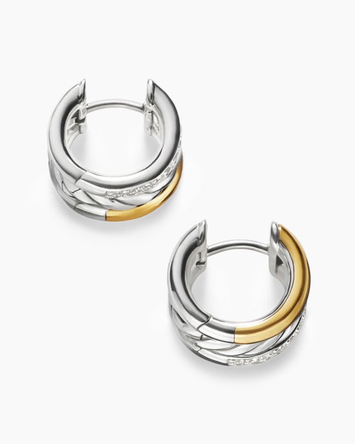 Womens DY Mercer® Huggie Hoop Earrings in Sterling Silver with 18ct Yellow Gold and Diamonds, 14mm