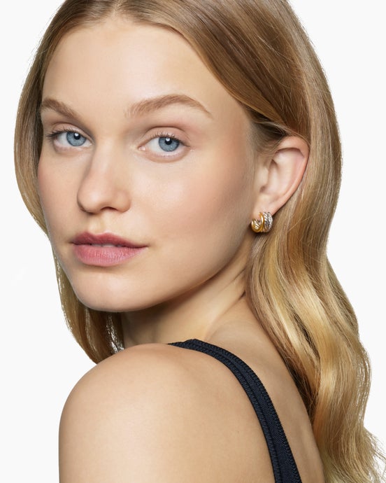 DY Mercer® Huggie Hoop Earrings in Sterling Silver with 18ct Yellow Gold and Diamonds, 14mm