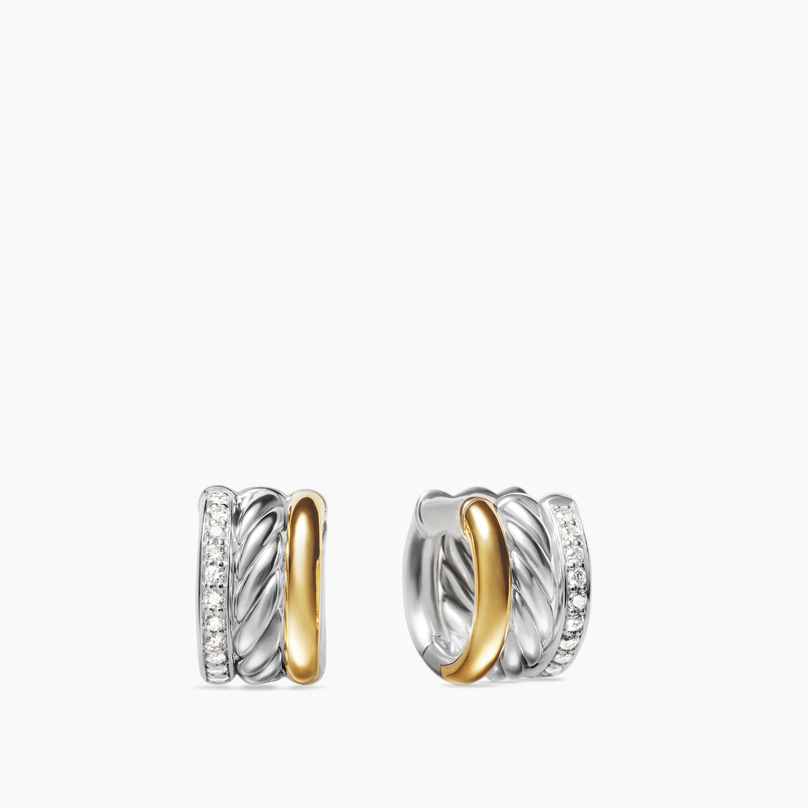 Womens DY Mercer&reg; Huggie Hoop Earrings in  Sterling Silver with 18K Yellow Gold and Diamonds, 14mm