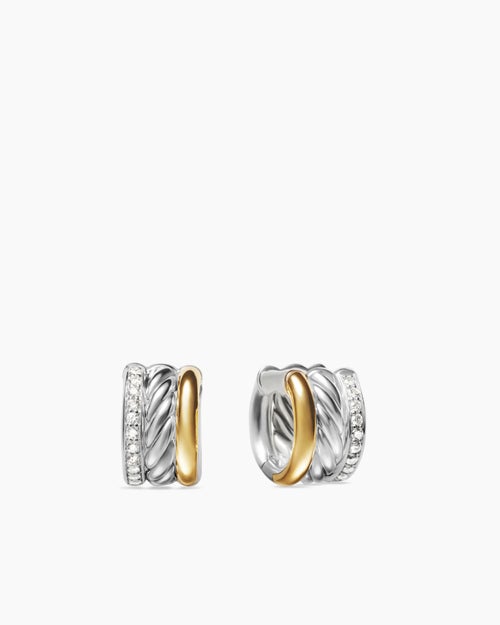 Womens DY Mercer® Huggie Hoop Earrings in Sterling Silver with 18ct Yellow Gold and Diamonds, 14mm