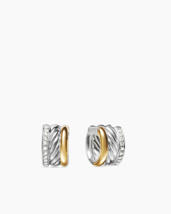DY Mercer® Huggie Hoop Earrings in Sterling Silver with 18ct Yellow Gold and Diamonds, 14mm