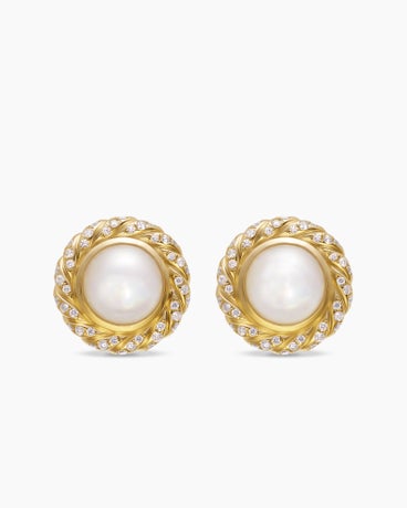 Boutons d’oreille torsade sculptée en halo Pearl Classics en or jaune 18 carats et diamants, 13 mm