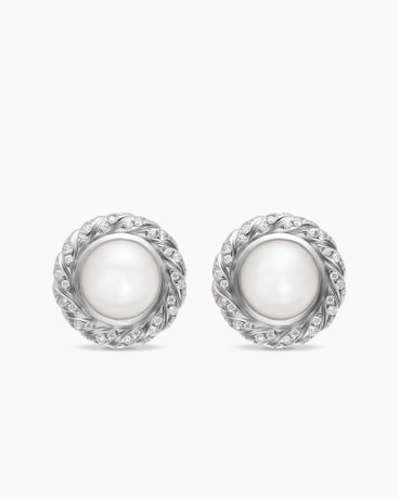 Pearl Classics Cable Halo Button Earrings in Sterling Silver with Diamonds, 13mm