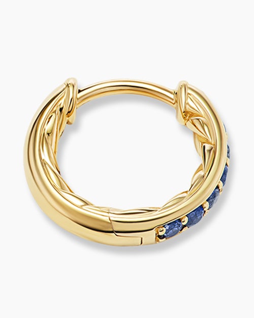Womens Petite Pavé Huggie Hoop Earrings in 18K Yellow Gold with Blue Sapphires, 12mm