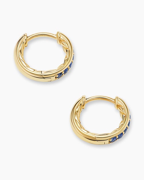 Womens Petite Pavé Huggie Hoop Earrings in 18K Yellow Gold with Blue Sapphires, 12mm