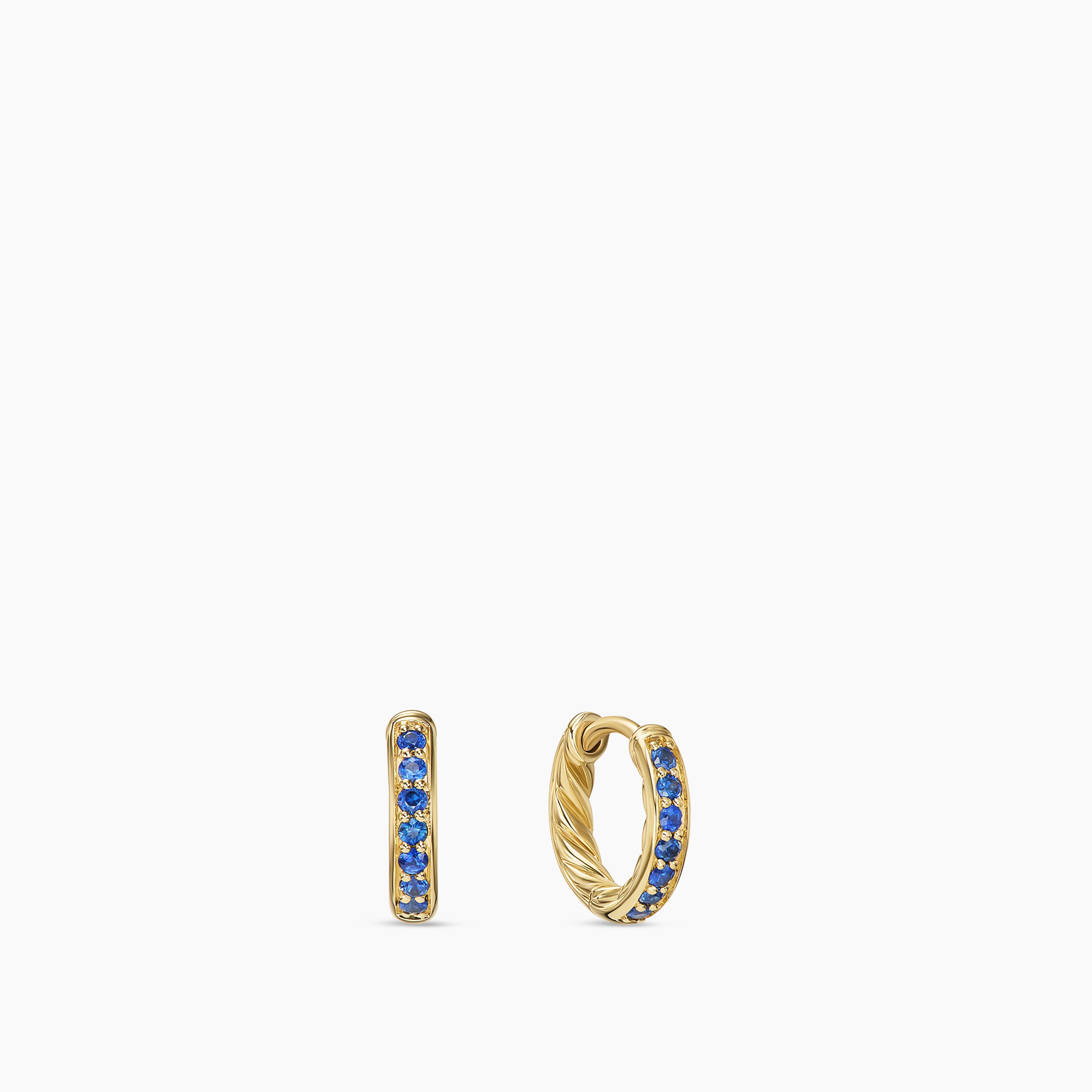 Womens Petite Pav&eacute; Huggie Hoop Earrings in 18K Yellow Gold with Blue Sapphires, 12mm
